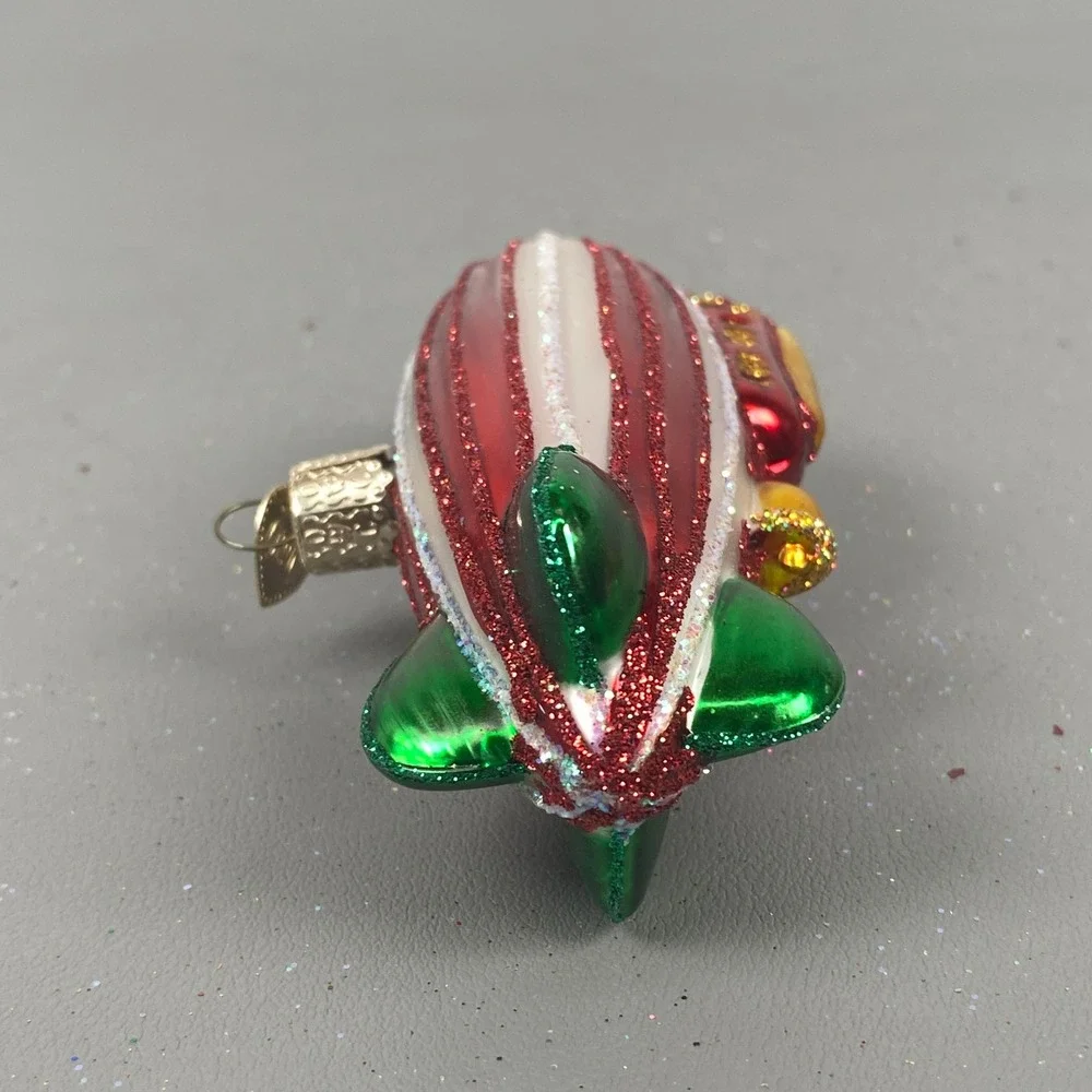 Old World Christmas Blimp & Candy Cane Glass Ornament Set Red Green Glitter